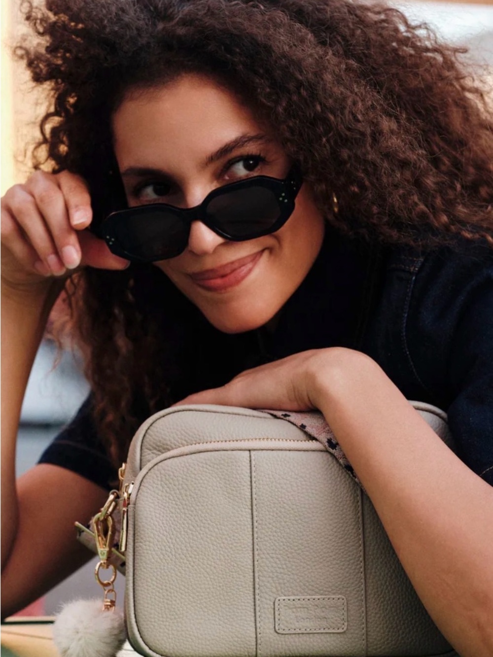 Stone Crossbody Bag with Pom-Pom Charm